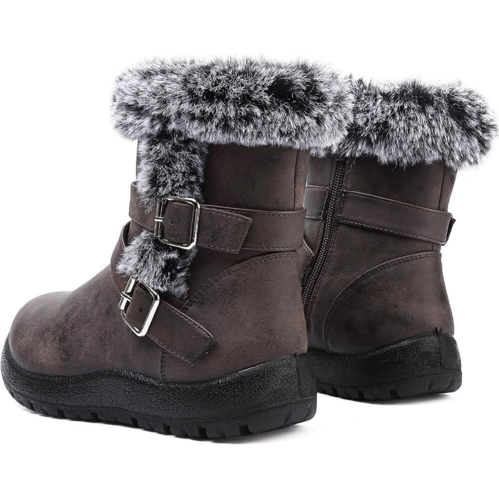 Womens Brown pu  Snow Boots with Zipper Waterproof Leather Fur Lined Warm Ankle - Picture 3 of 7